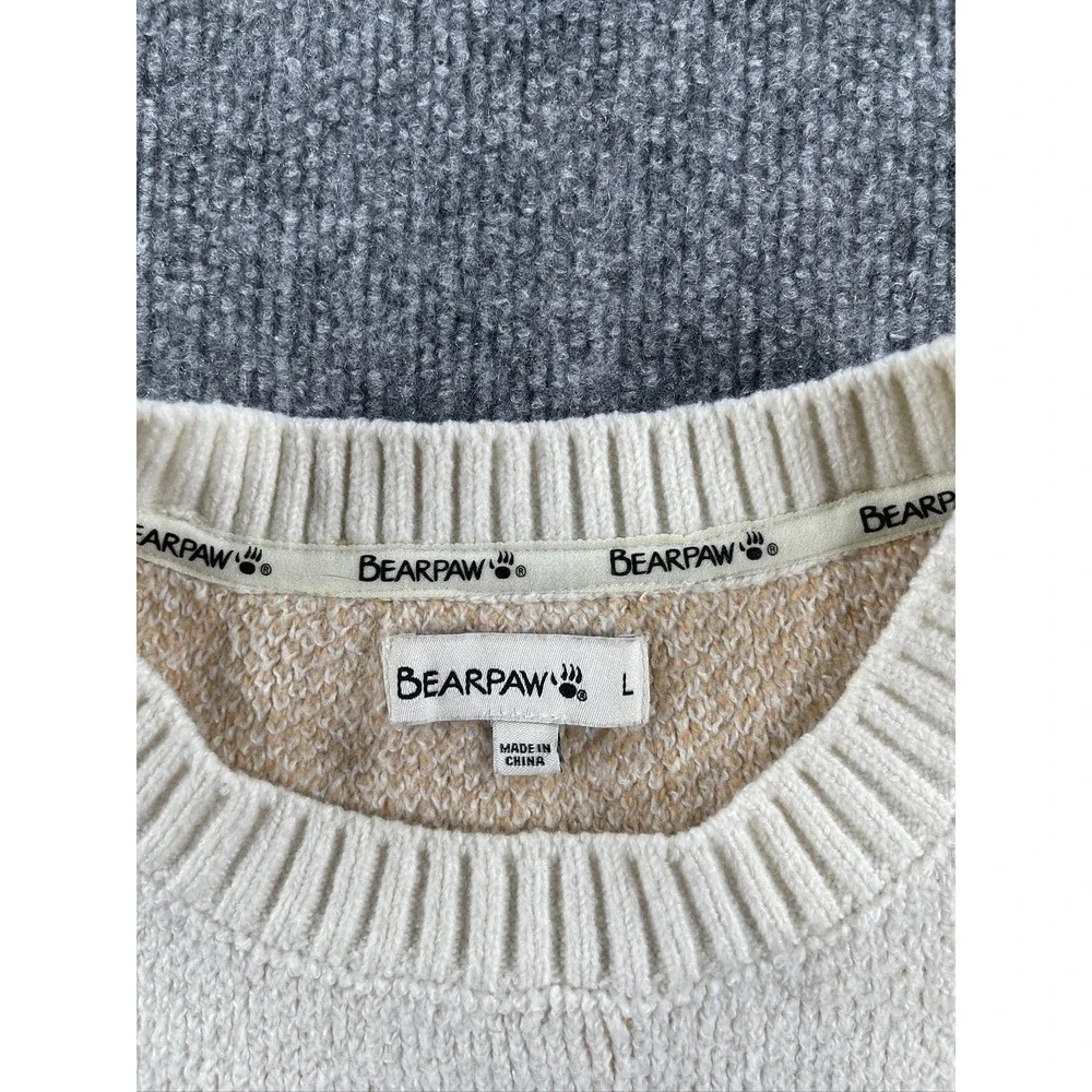 Bearpaw Mens Checkerboard Crewneck Sweater Tan White Knit Pullover Large